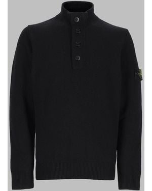 Stone Island Buttoned Mock Neck Jumper - Black