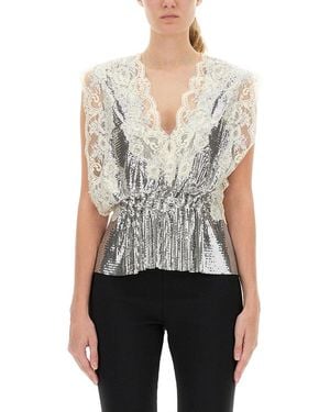 Rabanne Lace-Insert Mesh Gathered-Waist Top - White