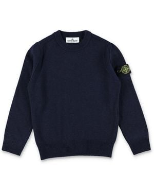 Stone Island Boys Wool Crewneck Sweater With Sleeve Logo Patch - Blue