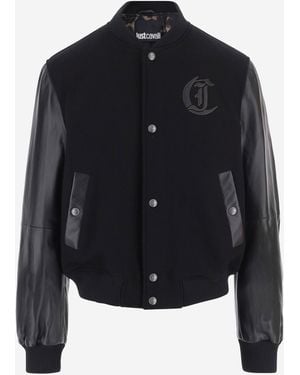 Just Cavalli Wool Varsity Jacket With Leather Sleeves - Blue