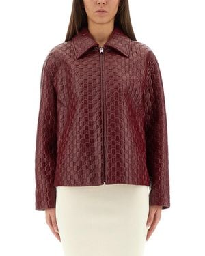 Gucci Oversized Leather Jacket With Embossed Gg - Red