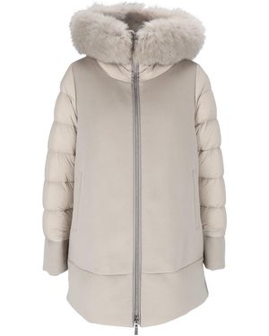 Moorer Fresia-Le Almond Quilted-Sleeve Padded Fur-Trimmed Jacket - Grey