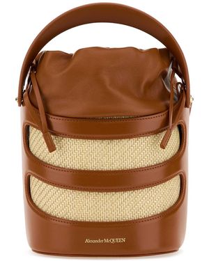 McQueen Zwei -Ton -Leder und Raffia der Rise Eimer -Tasche - Braun