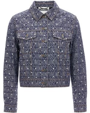 Moschino Cotton Denim Blend Jacket With Signature Logo Patt - Blau