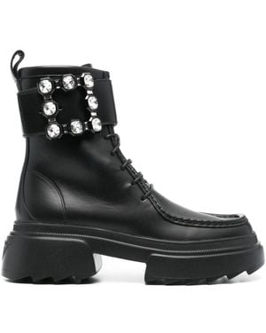 Roger Vivier Wallaviv Strass Buckle Leather Boots - Black