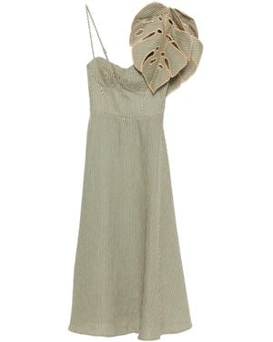 FARM Rio Striped Monstera Leaf Sleeveless Midi Dress - Green