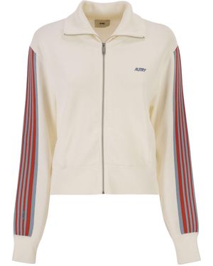Autry Viscose Sweatshirt With Zip And Side Stripes - Natural