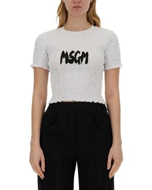 MSGM Cropped T-Shirt With Logo - White
