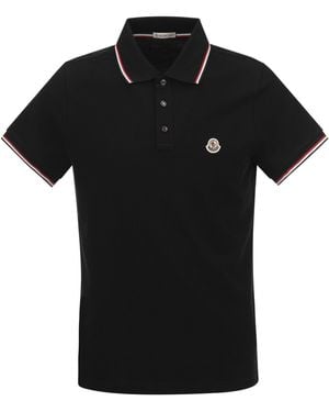 Moncler Cotton Pique Polo Shirt With Tricolor Trim - Black