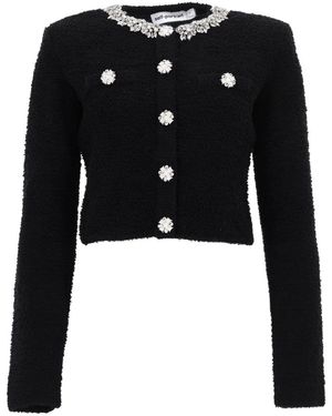Self-Portrait Cropped Crystal-Embellished Cotton-Blend Bouclé Cardigan - Black