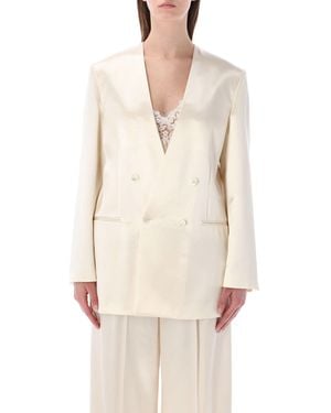Alberta Ferretti Double-Breasted Glossy Satin Jacket - Natural