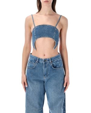 Marine Serre Denim Bustier Crop Top With Thin Straps - Blue
