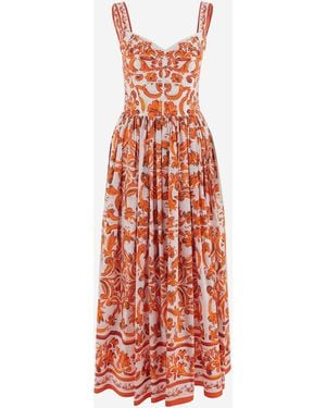 Dolce & Gabbana Long Cotton Poplin Dress With Majolica Print - Red
