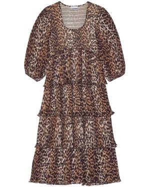 Ganni Plissee Georgette Leopard Midi Kleid - Braun