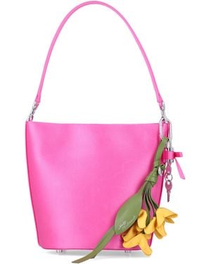 Self-Portrait Mini Satin Bucket Handbag With Removable Charms, Central Magnetic Closure & Mirror - Pink