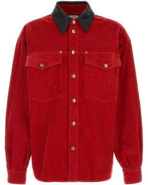 Versace Denim Garment-Dyed Velvet Shirt With Leather Accents - Red