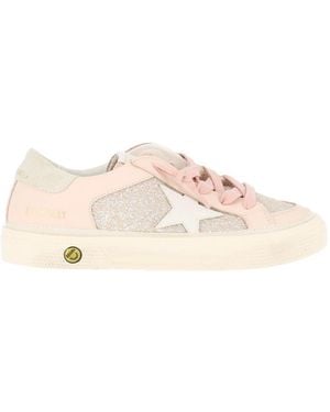 Golden Goose Sneakers May With Double Quarter And Toe Glitter And Leather Upper Leather Star Tongue And Toe Suede Heel Pale/Milk - Natural