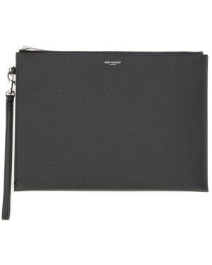 Saint Laurent Grain De Poudre Embossed Leather Zippered Tablet Case - Grey