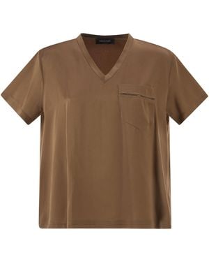 Fabiana Filippi V-Neck Satin Top With Elegant Pocket - Brown