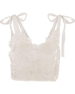 Maurizio Mykonos Embroidered Top With Tie Shoulder Straps And Floral Detailing - White
