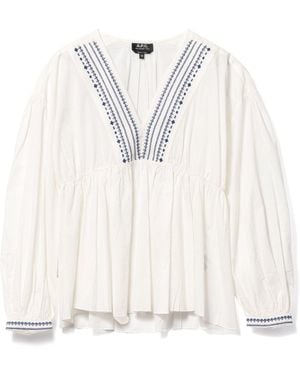 A.P.C. V-Neck Blouse With Buttoned-Cuff Sleeves - White