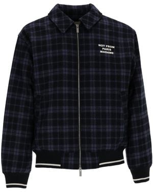 Drole de Monsieur Check Flannel Jacket With Slogan - Blue