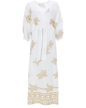 120% Lino Printed Linen V-Neck Belted Maxi Dress - White