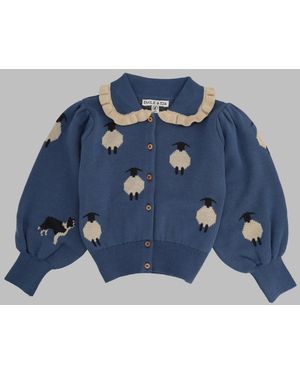Emile Et Ida Embellished Jacquard Cardigan With Ruffle Collar For Girls - Blue