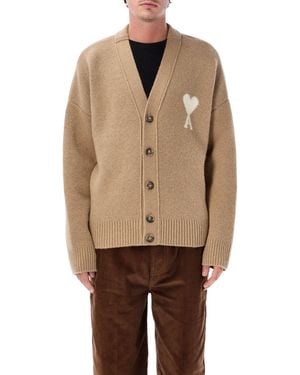 Ami Paris Soft Alpaca V-Neck Cardigan With Engraved Horn Buttons And Intarsia Logo - Natural