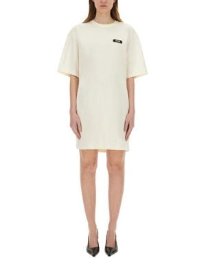 MSGM Short Sleeved Mini Dress With Logo - Natural