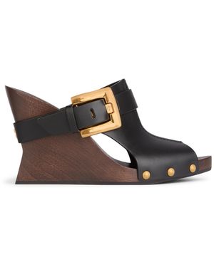 Balmain Anthem Wedge Smooth Leather Mules - Brown