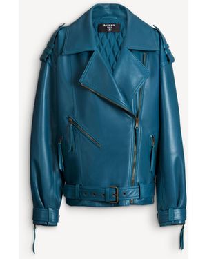 Balmain Lambskin Leather Biker Jacket - Blue