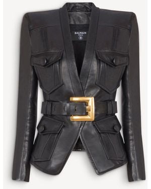 Balmain 1-Button Belted Leather Jacket - Black