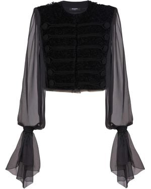 Balmain Edge-To-Edge Tweed And Chiffon Jacket - Black