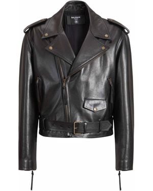 Balmain Textured Leather Biker Jacket - Black
