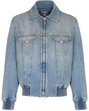 Balmain Cropped Lined Denim Jacket - Blue