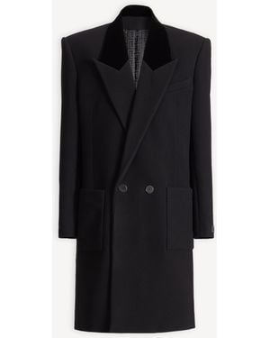 Balmain Long Wool And Velvet Coat - Black