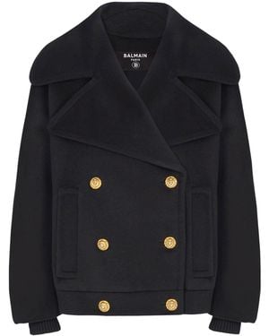 Balmain Wool 4-Buttons Pea Coat - Blue