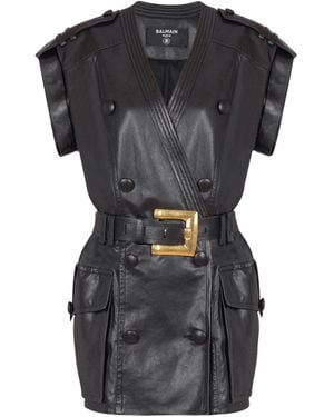 Balmain Lambskin Leather Short Belted Dress - Black