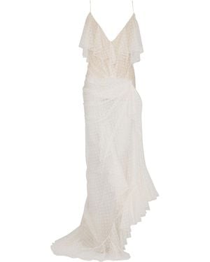 Balmain Robe Fluide Longue À Volants En Dentelle - Blanc