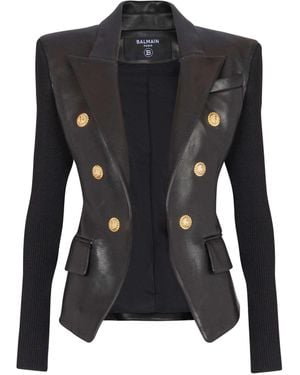 Balmain Six-Buttons Knit Lambskin Leather Jacket - Black