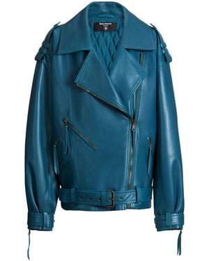 Balmain Lambskin Leather Biker Jacket - Blue
