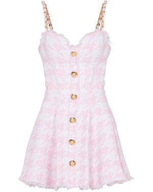 Balmain Strappy Houndstooth Tweed A-Line Dress - Pink