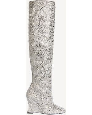 Balmain Wedge Thigh-High Satin Boots With Crystals - White
