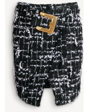 Balmain Belted Fringed Tweed Skirt - Black