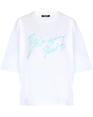 Balmain Boxy T-Shirt With Paris Brush Print - White