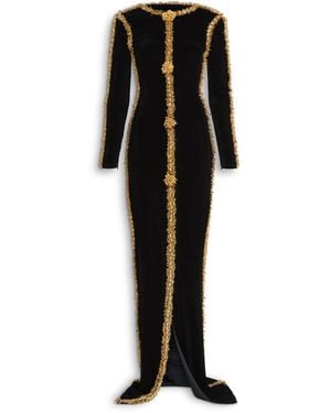 Balmain Long Velvet Dress With Embroidered Trim - Black