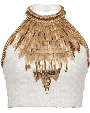 Balmain Embroidered Tweed Crop Top - White