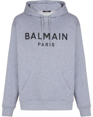 Balmain Logo Printed Drawstring Hoodie - Grey