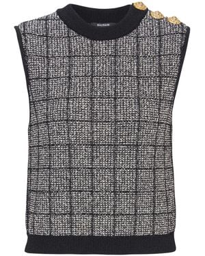Balmain Tweed Crop Top With Buttons - Grey